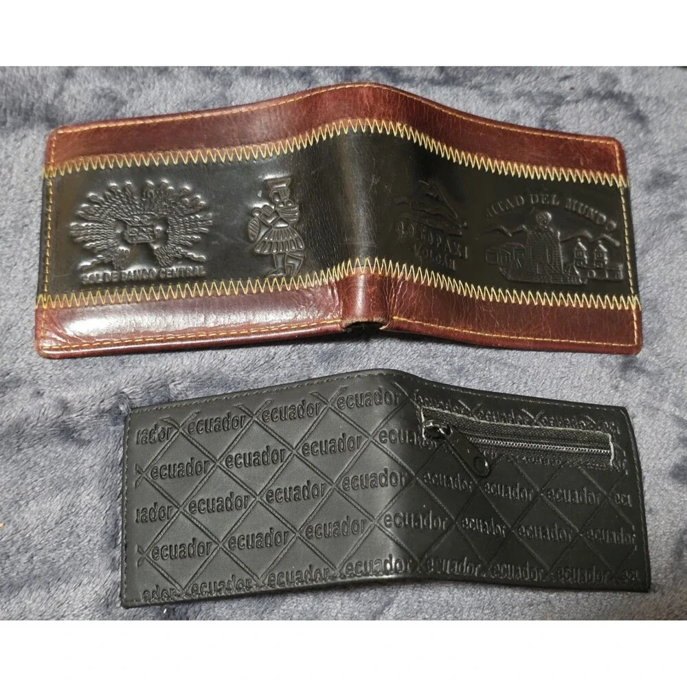 Rare 2pc Cool Ecuador Hand Stitched Tooled Bifold Embossed Leather Wallet EuC